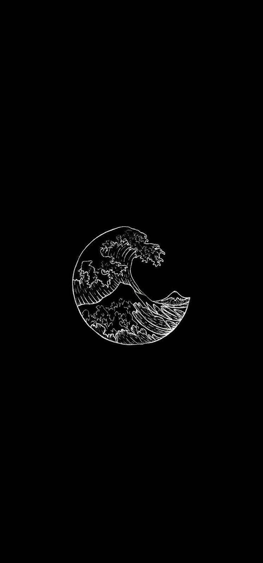 Minimalist White Line Art of a Giant Wave in a Circle on Black Background HD phone wallpaper