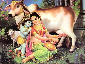Bal Krishna and Yashoda Milking a Cow in a Lush Garden HD wallpaper