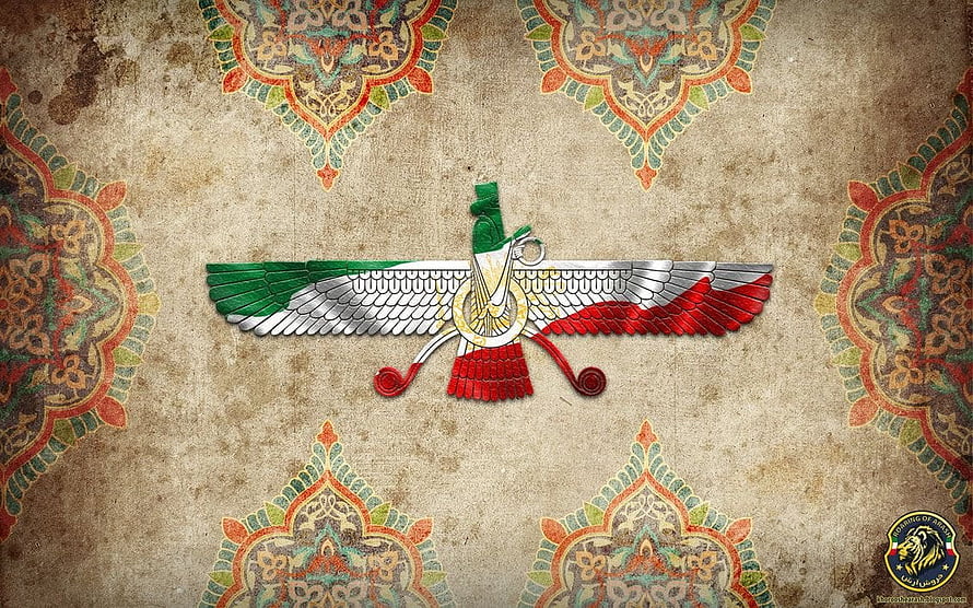 Faravahar Symbol on Ornate Persian Pattern Background HD wallpaper