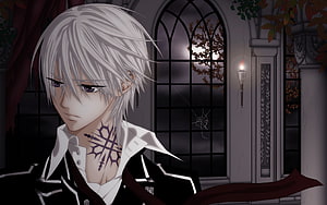 Silver-Haired Anime Male with Dark Neck Mark in Gothic Interior HD wallpaper