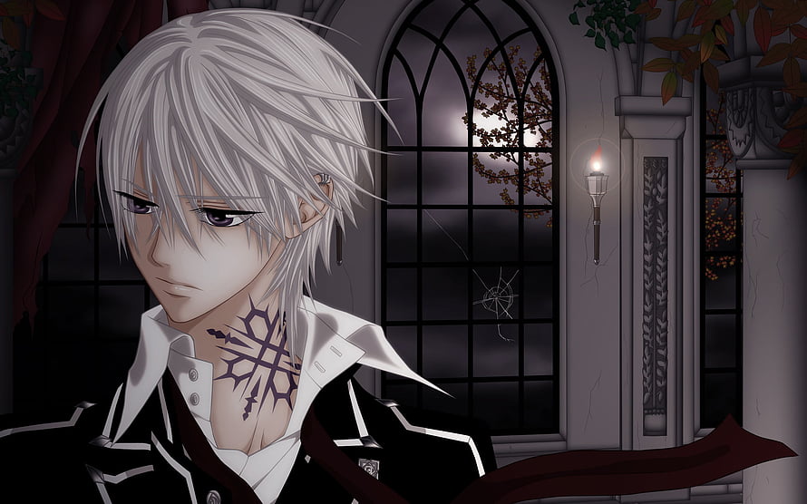 Silver-Haired Anime Male with Dark Neck Mark in Gothic Interior HD wallpaper