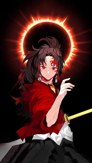 Yoriichi Tsugikuni from Demon Slayer in Red Attire with Solar Halo and Katana HD phone wallpaper
