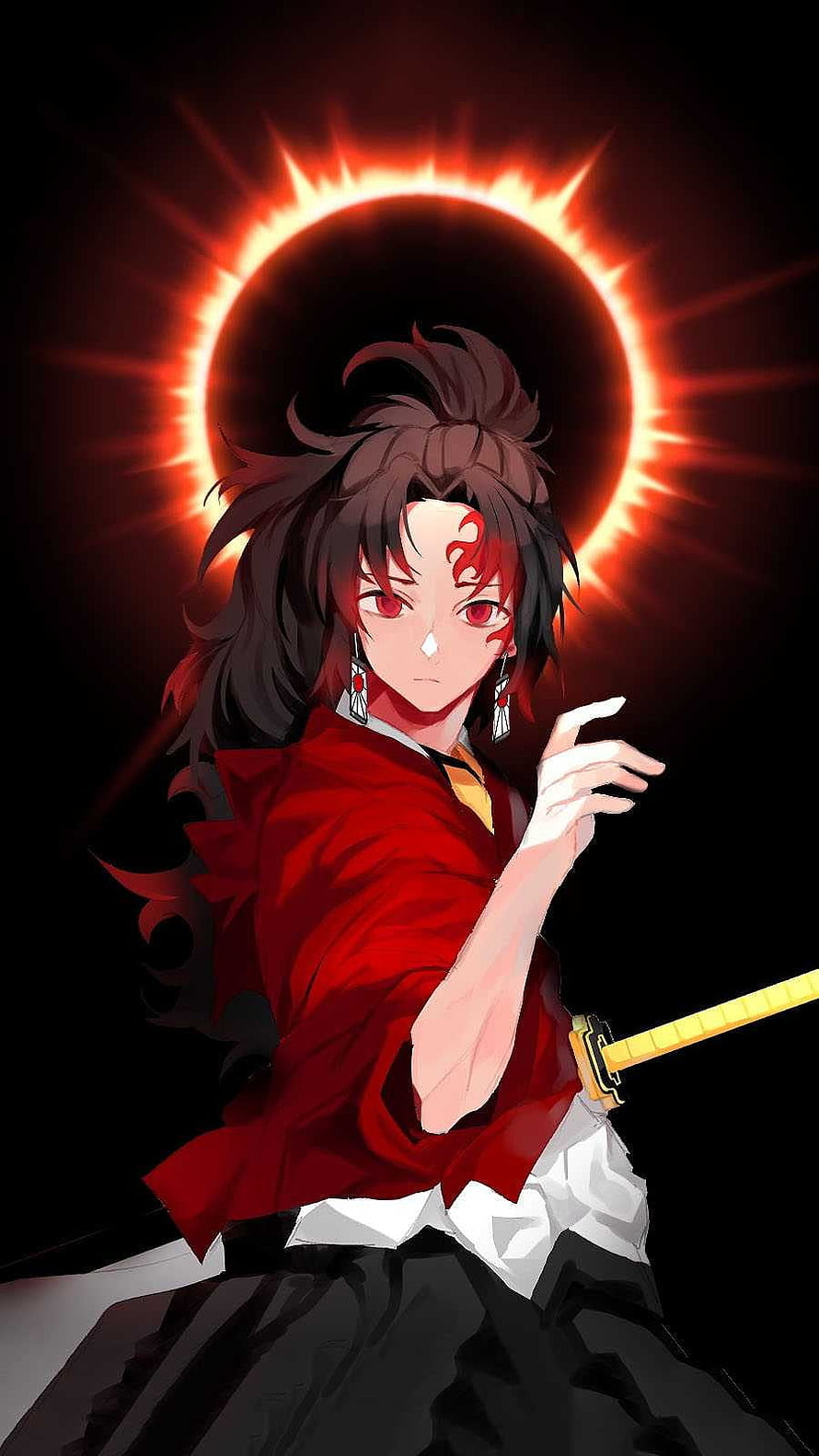 Yoriichi Tsugikuni from Demon Slayer in Red Attire with Solar Halo and Katana HD phone wallpaper