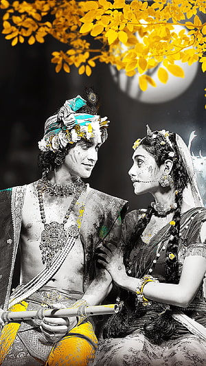 Radha Krishna in Traditional Attire Under Moonlit Yellow Foliage HD phone wallpaper
