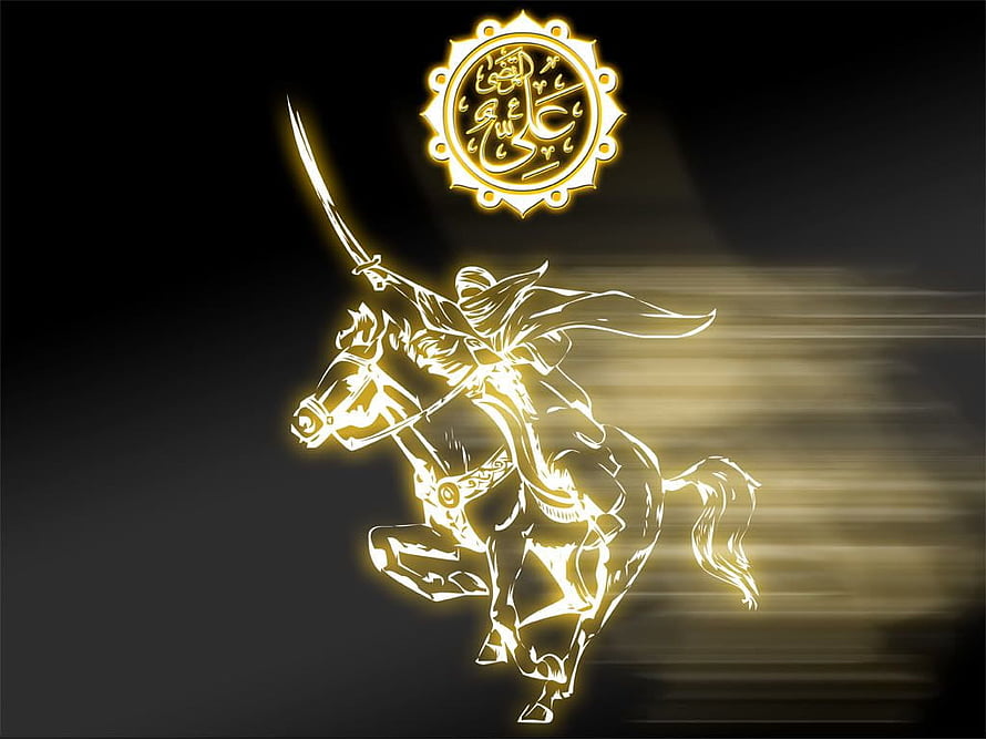 Glowing Golden Illustration of Hazrat Ali on Horseback with Zulfiqar Sword and Calligraphy Emblem HD wallpaper