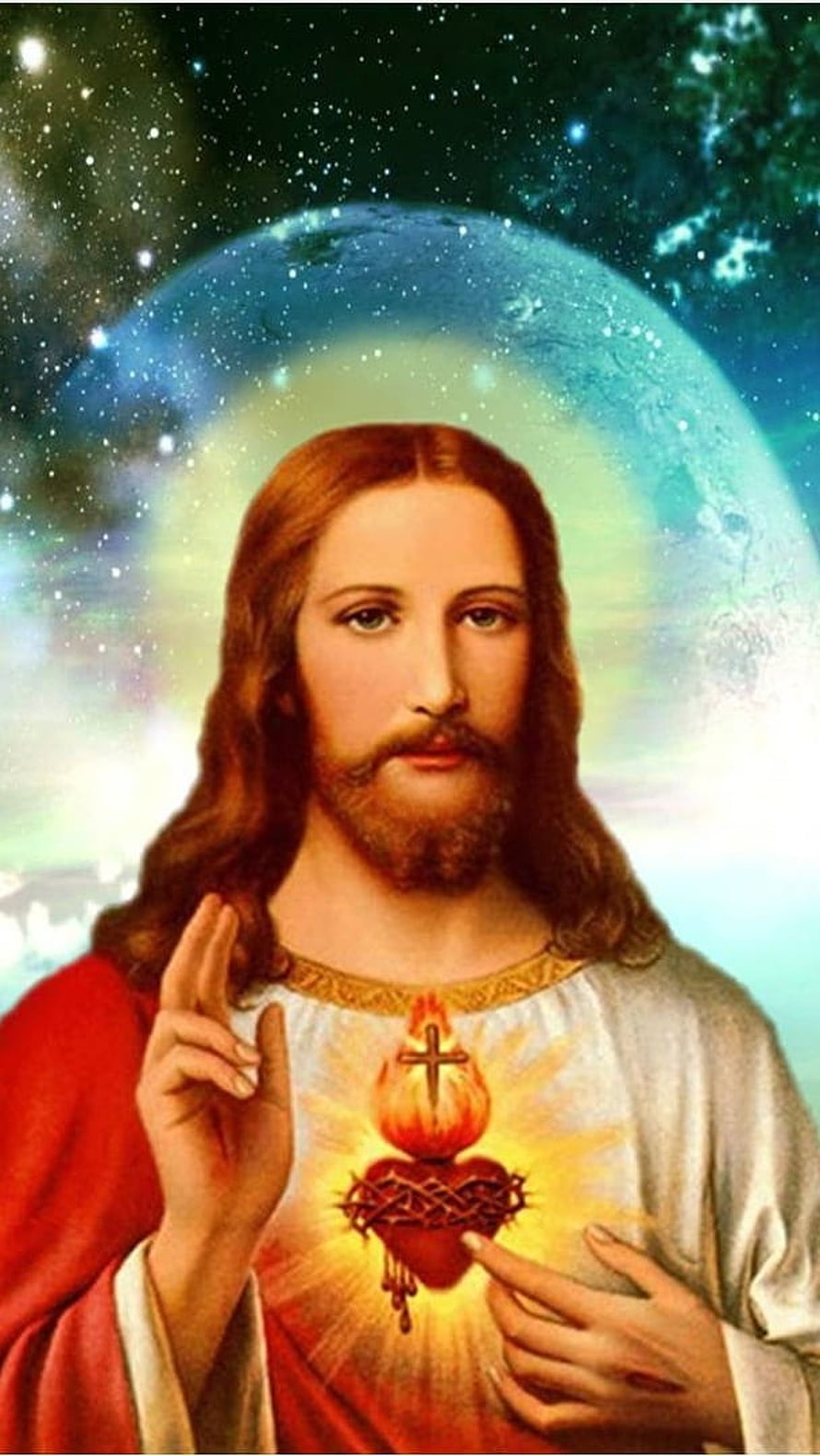 Sacred Sacred Heart of Jesus with Cosmic Halo and Starry Sky Background HD phone wallpaper