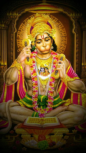 Lord Hanuman Seated in Meditation with Sacred Text and Floral Garland, Hanuman, Lord Hanuman, Bajrangbali, God, Bhakti HD phone wallpaper