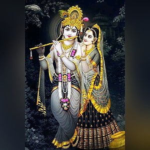 Lord Krishna Playing Flute With Radha in Traditional Indian Art Style HD wallpaper