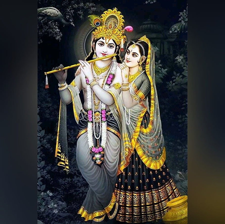 Lord Krishna Playing Flute With Radha in Traditional Indian Art Style HD wallpaper
