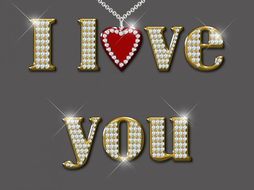 Sparkling Gold Diamond I Love You Text With Red Heart Pendant Necklace On Dark Gray Background HD wallpaper