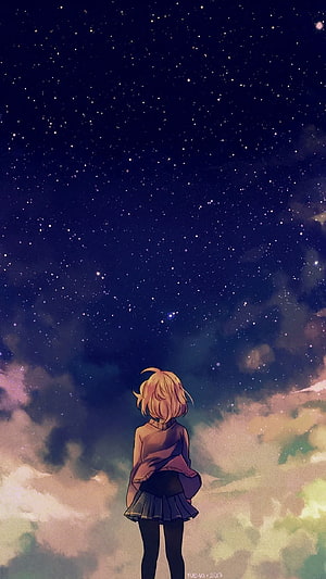 Anime Girl Gazing at Starry Night Sky with Soft Clouds and Dreamy Atmosphere HD phone wallpaper