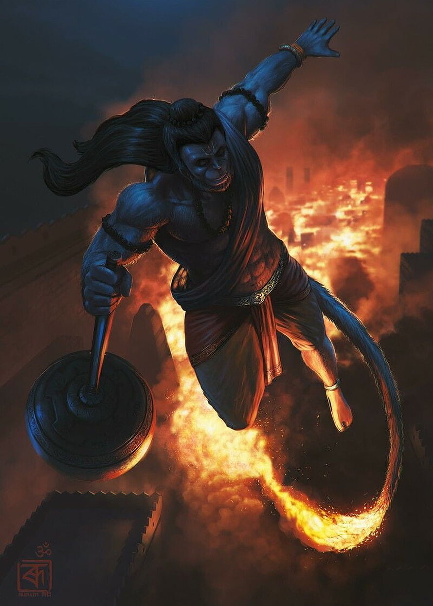 Hanuman Wielding Mace Amidst Burning City in Dramatic Fantasy Illustration HD phone wallpaper