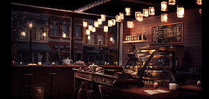 Cozy Cafe Interior at Night with Rain on Windows and Warm Hanging Lights HD wallpaper