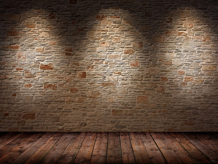 Rustic Stone Wall and Dark Wooden Floor with Dramatic Spotlight Illumination HD wallpaper