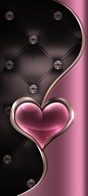 Luxury Pink Heart with Diamond Accents on Black Quilted Leather Background HD phone wallpaper