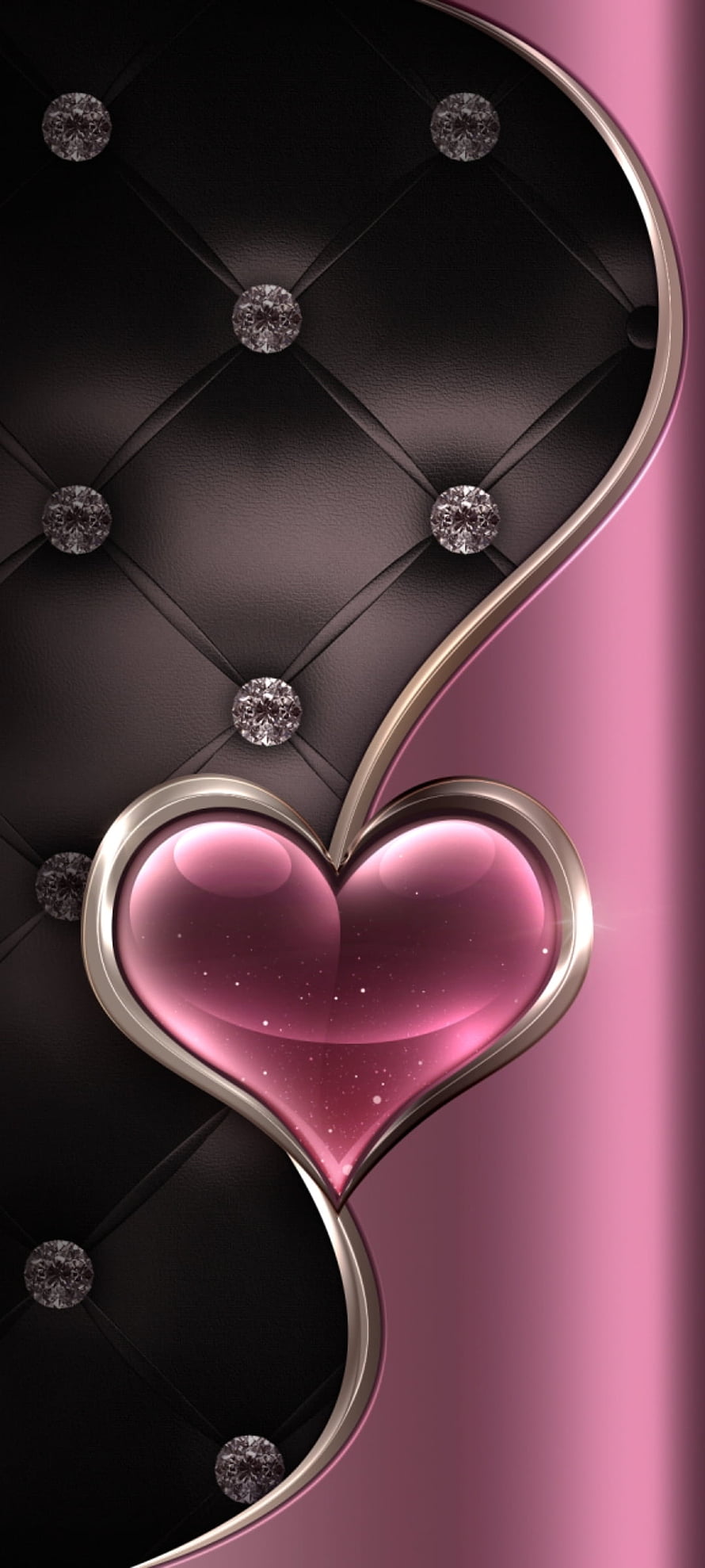 Luxury Pink Heart with Diamond Accents on Black Quilted Leather Background HD phone wallpaper