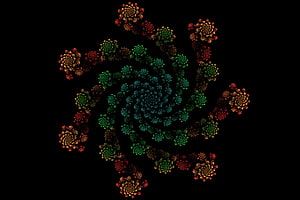 Vibrant Fractal Spiral with Green and Orange Dots on Black Background HD wallpaper