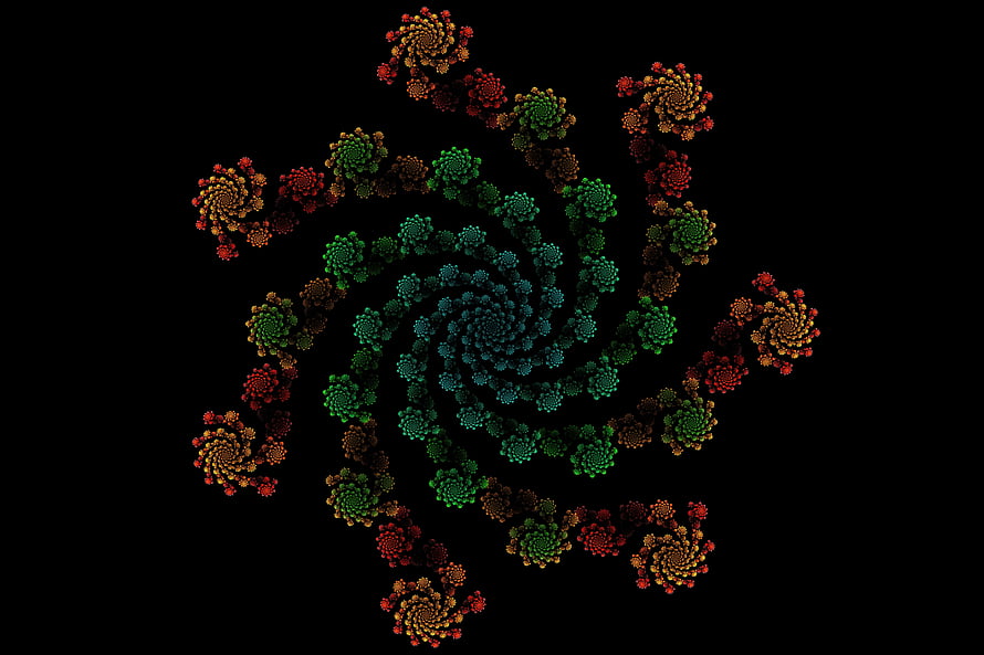 Vibrant Fractal Spiral with Green and Orange Dots on Black Background HD wallpaper