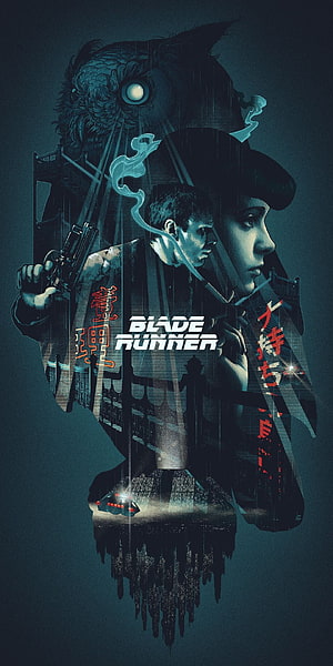 Blade Runner Noir Poster Art with Cyberpunk Cityscape and Character Silhouettes HD phone wallpaper