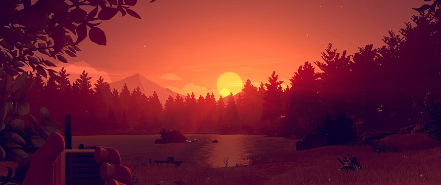 Stylized Video Game Landscape Featuring a Glowing Sunset Over a Calm Lake and Distant Mountain HD wallpaper