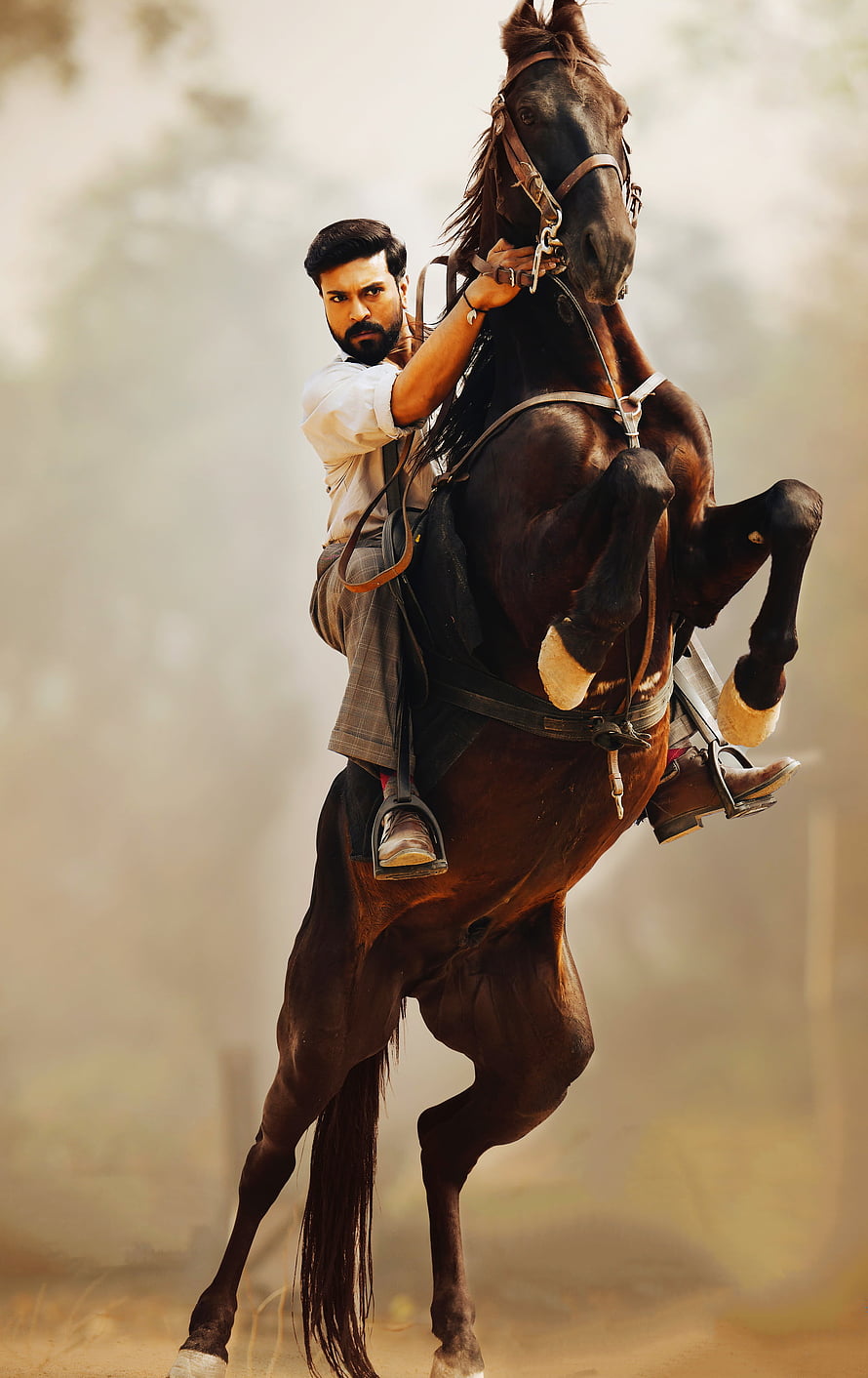 Ram Charan on a Rearing Brown Horse in RRR Film Still HD phone wallpaper