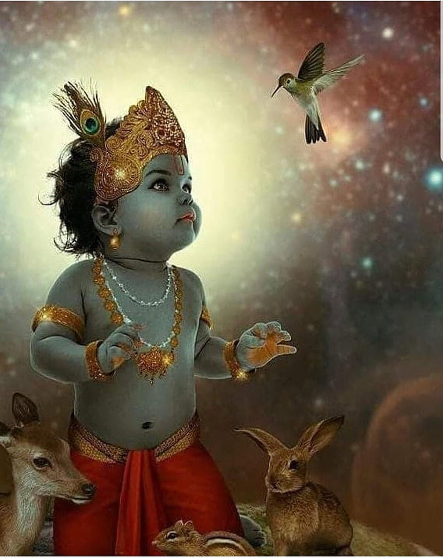 Cute Baby Krishna with Peacock Crown and Forest Animals in Cosmic Setting HD phone wallpaper