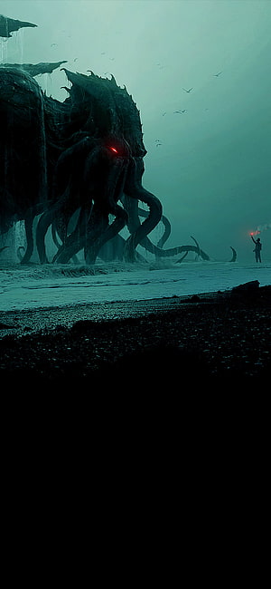 Cthulhu Rising From the Sea With Glowing Red Eye and Lone Figure on Dark Shore HD phone wallpaper