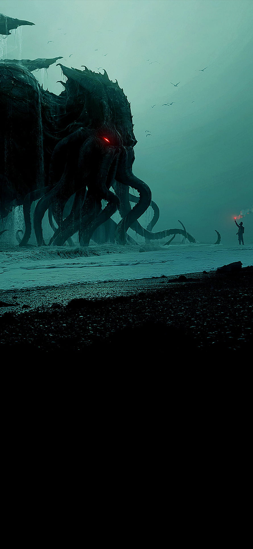 Cthulhu Rising From the Sea With Glowing Red Eye and Lone Figure on Dark Shore HD phone wallpaper