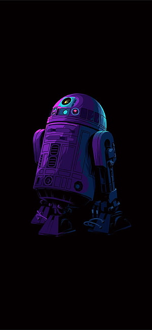 R2-D2 Star Wars Droid in Neon Purple and Cyan Digital Art on Black Background HD phone wallpaper