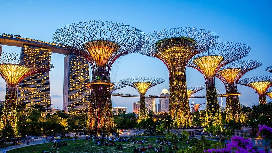 Gardens by the Bay Supertree Grove at Dusk with Marina Bay Sands in Singapore HD wallpaper