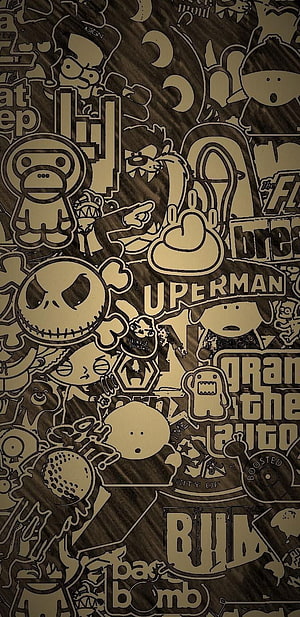 Sepia Toned Sticker Bomb Collage Featuring Gaming and Pop Culture Icons HD phone wallpaper
