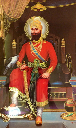 Guru Gobind Singh Seated on Throne in Red Attire with Sword and Falcon HD phone wallpaper