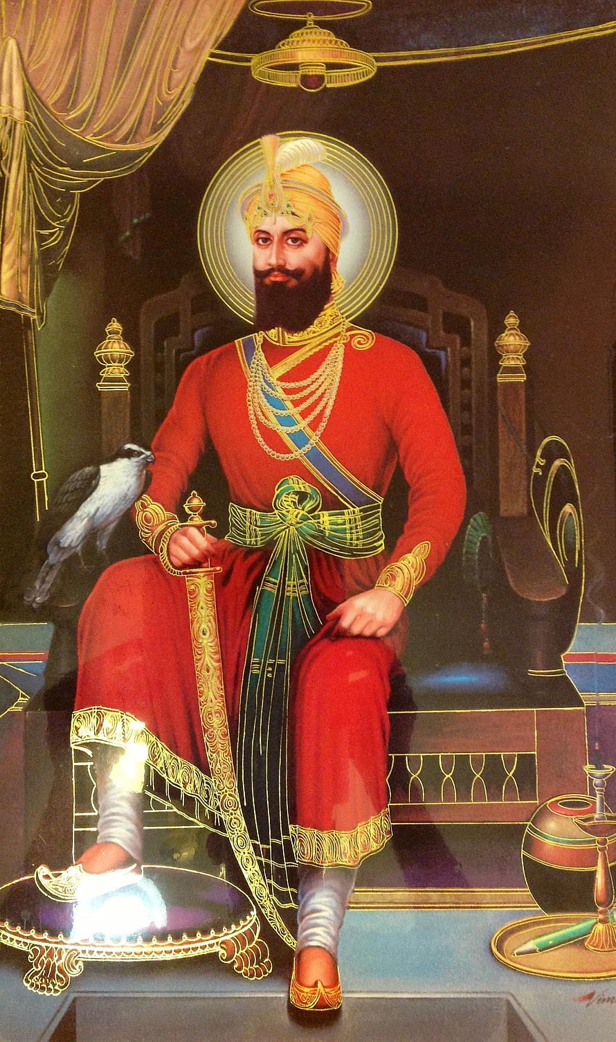 Guru Gobind Singh Seated on Throne in Red Attire with Sword and Falcon HD phone wallpaper
