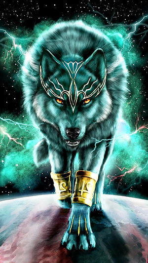 Mystical Wolf Spirit with Golden Runes and Cosmic Energy HD phone wallpaper