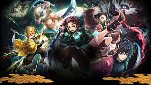 Demon Slayer Kamado Tanjiro and Hashira Team in Dynamic Battle Artwork HD wallpaper