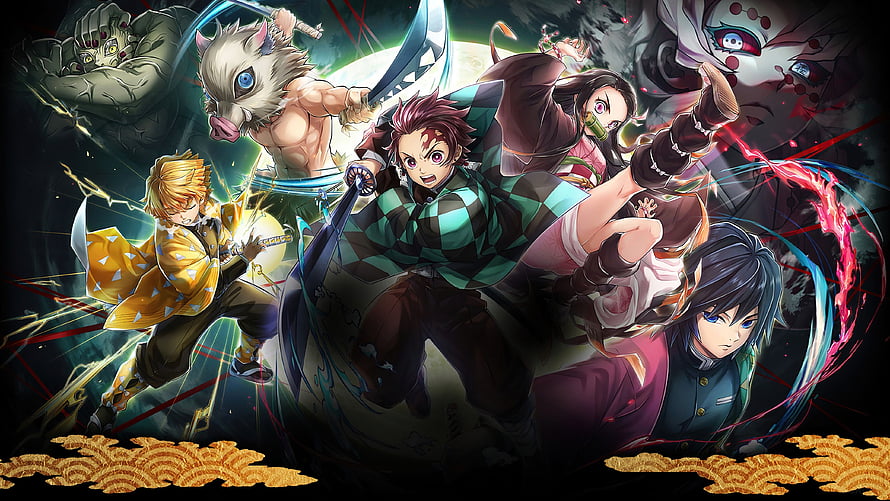 Demon Slayer Kamado Tanjiro and Hashira Team in Dynamic Battle Artwork HD wallpaper