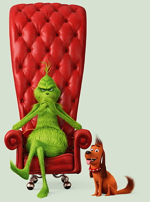 The Grinch and Max Sitting in a Red Tufted Armchair HD phone wallpaper