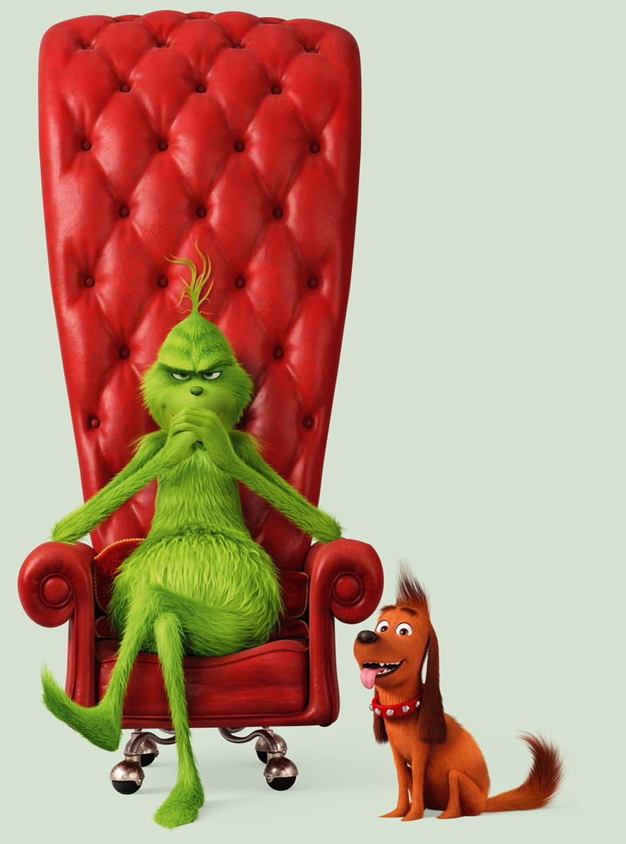 The Grinch and Max Sitting in a Red Tufted Armchair HD phone wallpaper