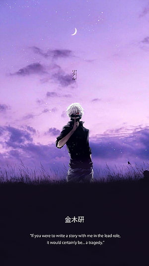 Ken Kaneki from Tokyo Ghoul Standing in a Field Under a Purple Twilight Sky HD phone wallpaper