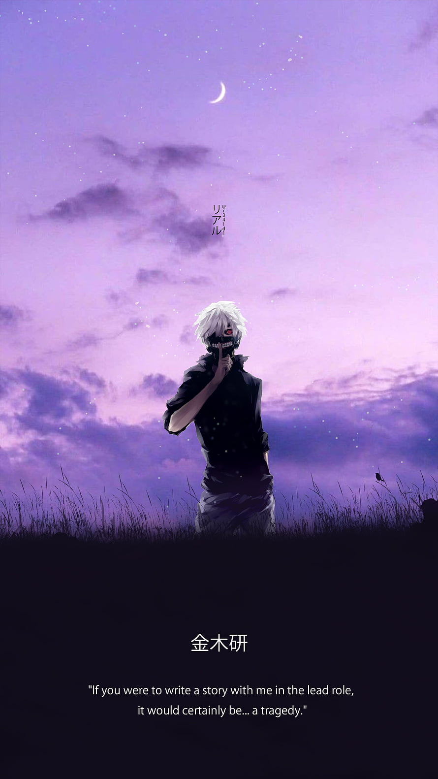 Ken Kaneki from Tokyo Ghoul Standing in a Field Under a Purple Twilight Sky HD phone wallpaper