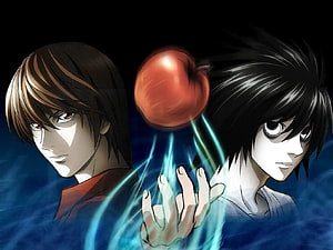Death Note Anime Artwork Featuring Light Yagami and L With Glowing Apple HD wallpaper