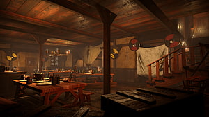 Dimly Lit Medieval Tavern Interior With Wooden Tables and Shields HD wallpaper