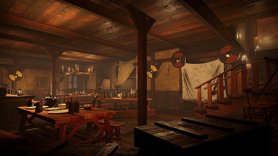 Dimly Lit Medieval Tavern Interior With Wooden Tables and Shields HD wallpaper