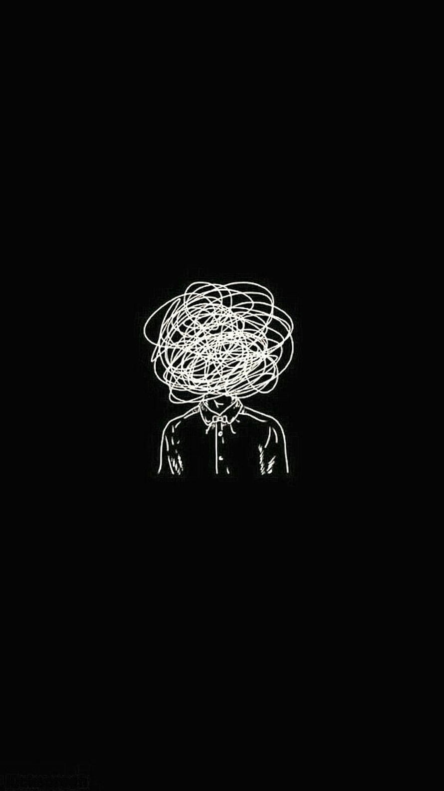 Minimalist Line Art Figure with Chaotic Scribble Head on Black Background HD phone wallpaper