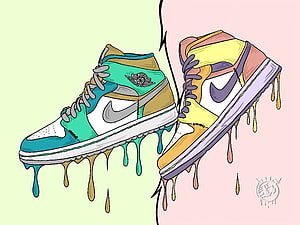 Air Jordan 1 Retro Mid Sneakers with Colorful Drip Effect Illustration HD wallpaper