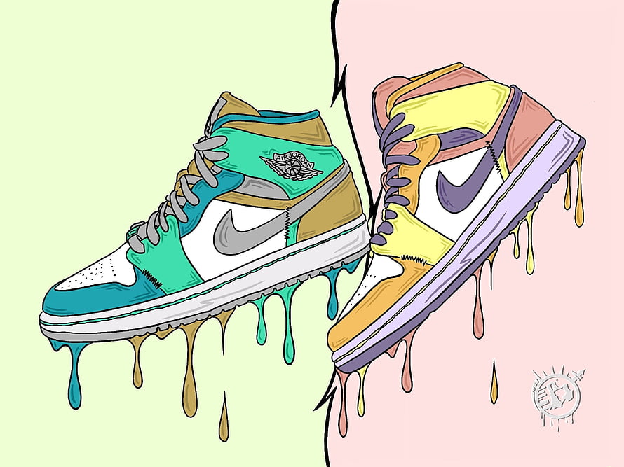 Air Jordan 1 Retro Mid Sneakers with Colorful Drip Effect Illustration HD wallpaper
