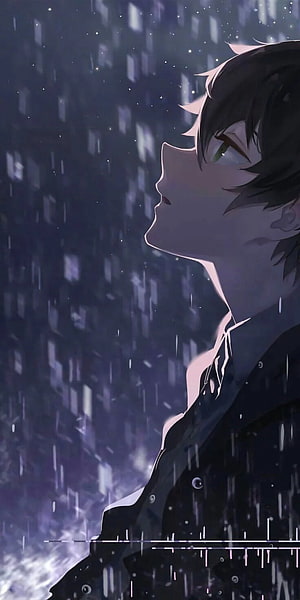 Anime Boy Gazing Upward in the Rain at Night HD phone wallpaper