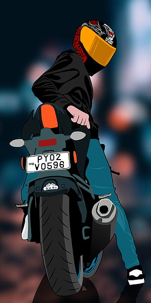 Illustration of a biker performing a wheelie on a sport motorcycle at night HD phone wallpaper