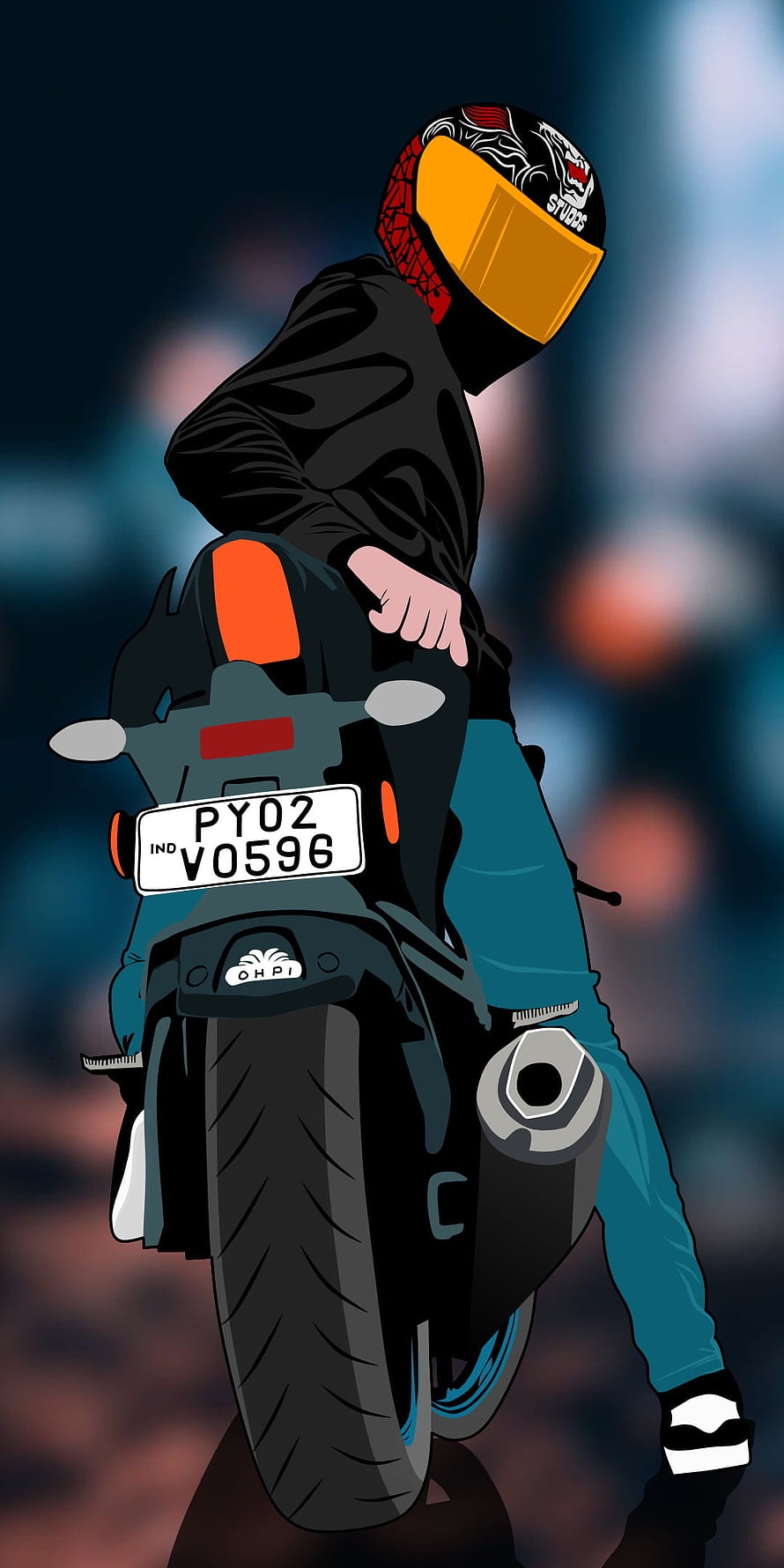 Illustration of a biker performing a wheelie on a sport motorcycle at night HD phone wallpaper