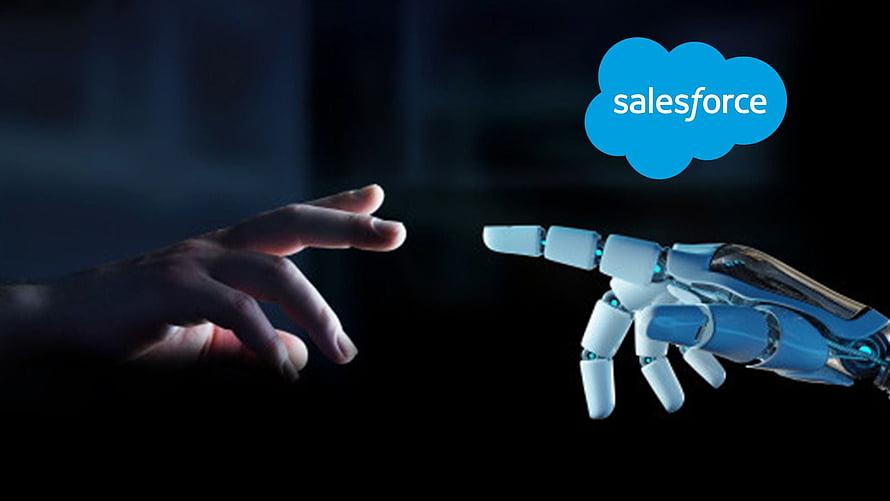 Salesforce AI Concept: Human and Robotic Hands Reaching Toward Each Other in Dark Setting HD wallpaper